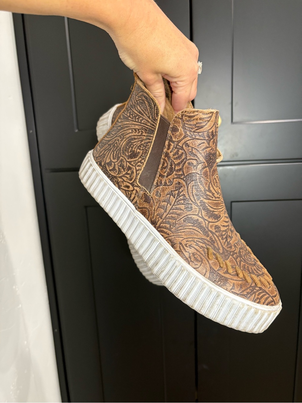 Justin Boots Brown tooled Leather Slip-On Sneakers with White Sole